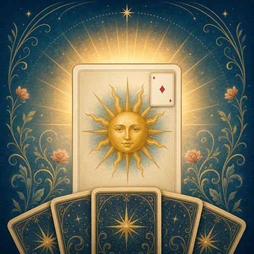 Goldene Sonnenkarte vor einem Lenormand-Kartenfächer