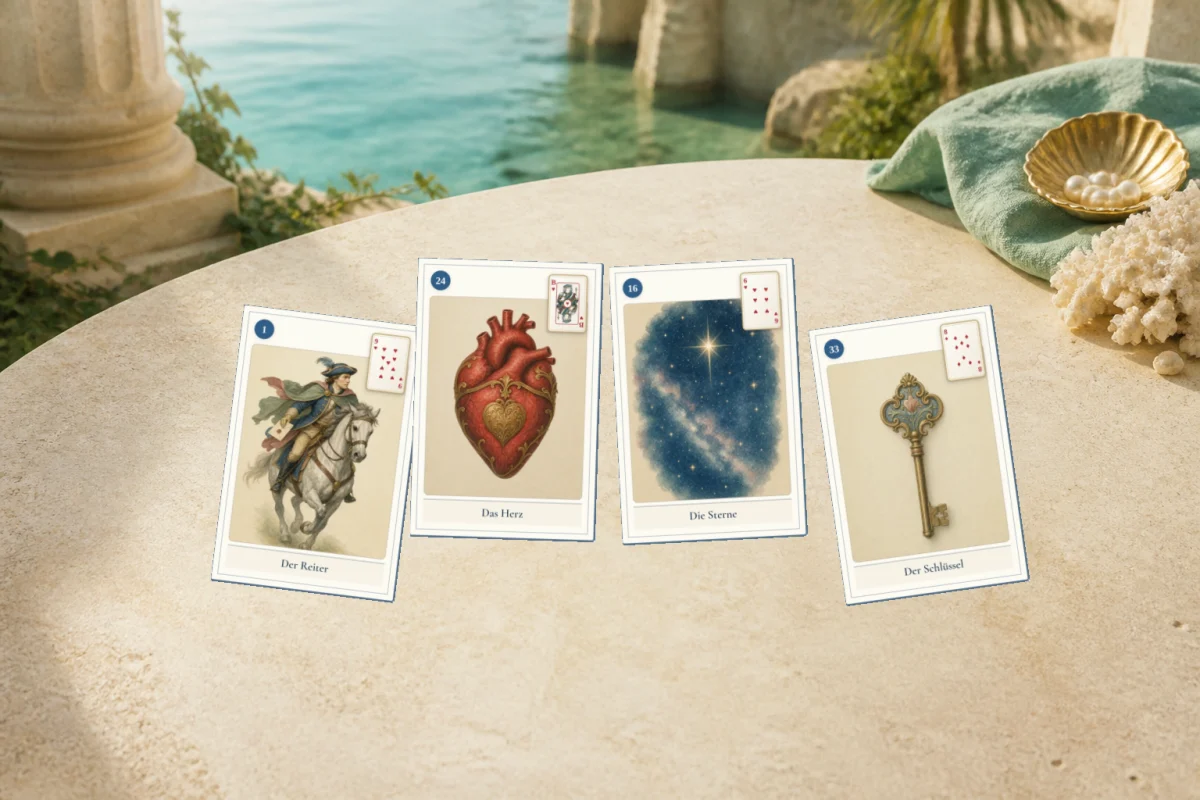 Vier Karten aus dem Astrolantis Lenormand-Deck am Meer